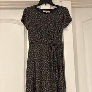 LOFT Navy and Yellow Patterned Midi Dress